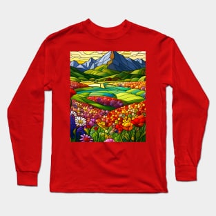 Stained Glass Colorful Mountain Meadow Long Sleeve T-Shirt